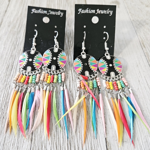 8 Pairs of Bohemian Style Colorful Feather Fashion Jewelry Earrings Lot Costume - Picture 12 of 16